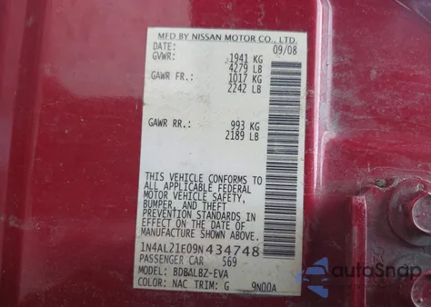 2009 Nissan Altima 2.5 S from USA, damaged, VIN 1N4AL21E09N434748